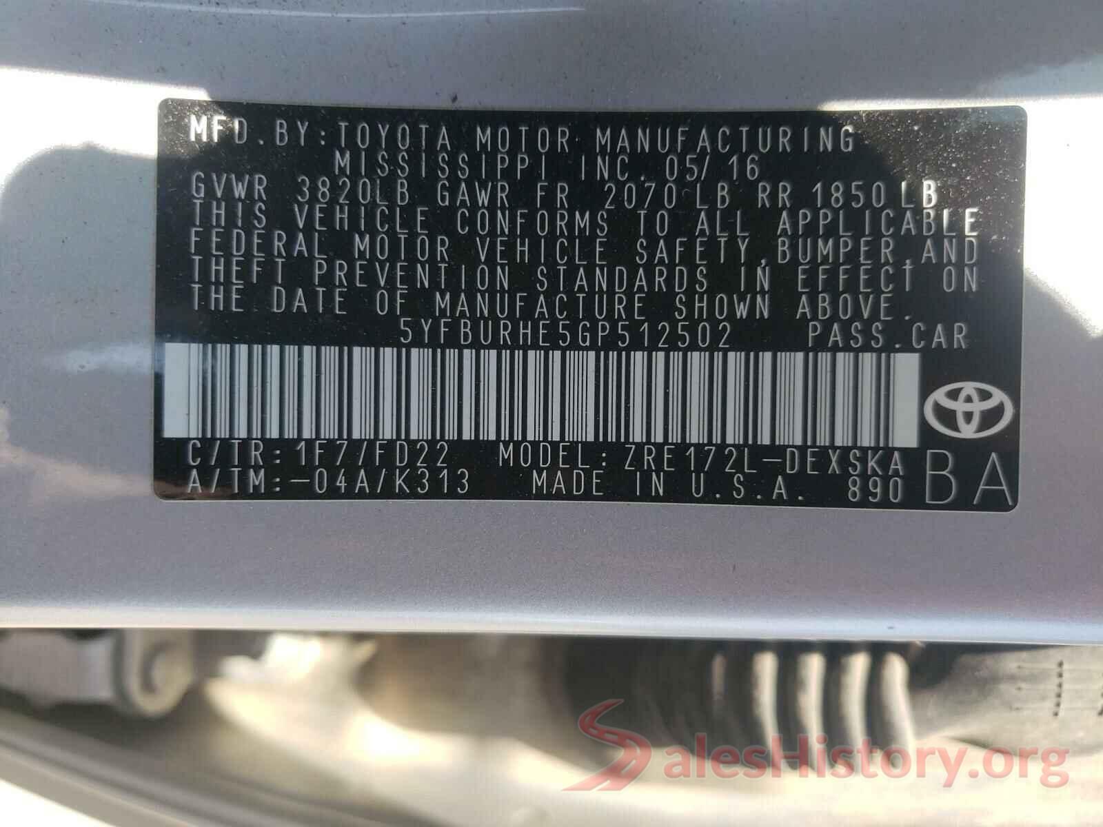 5YFBURHE5GP512502 2016 TOYOTA COROLLA