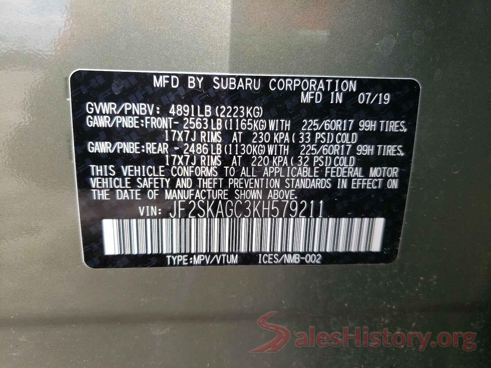 JF2SKAGC3KH579211 2019 SUBARU FORESTER