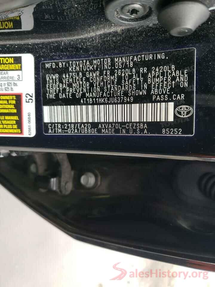 4T1B11HK6JU637949 2018 TOYOTA CAMRY