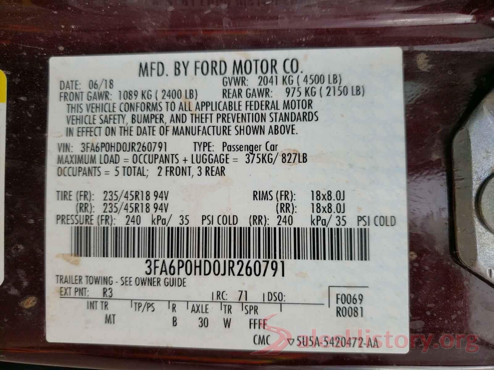 3FA6P0HD0JR260791 2018 FORD FUSION