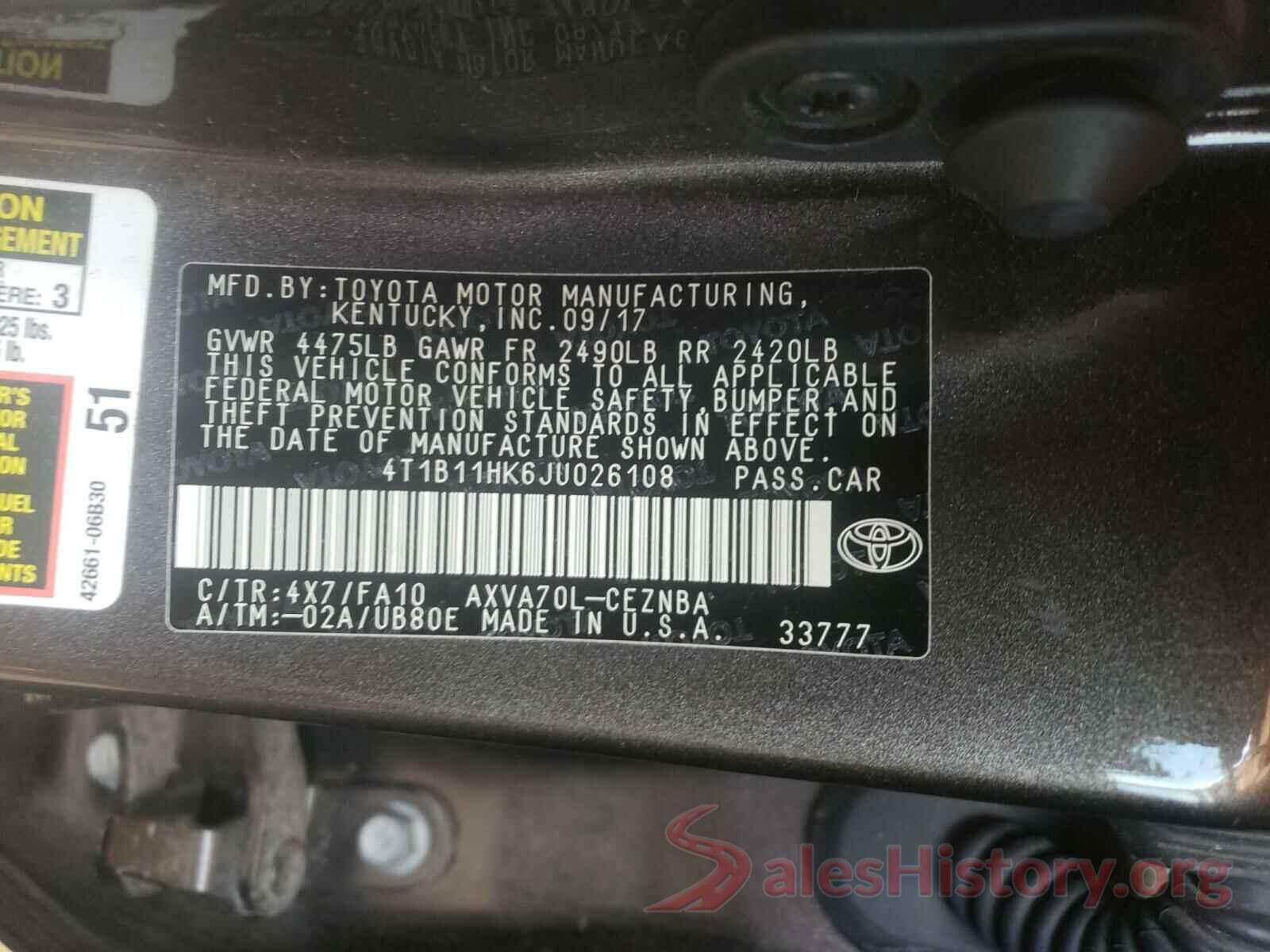 4T1B11HK6JU026108 2018 TOYOTA CAMRY