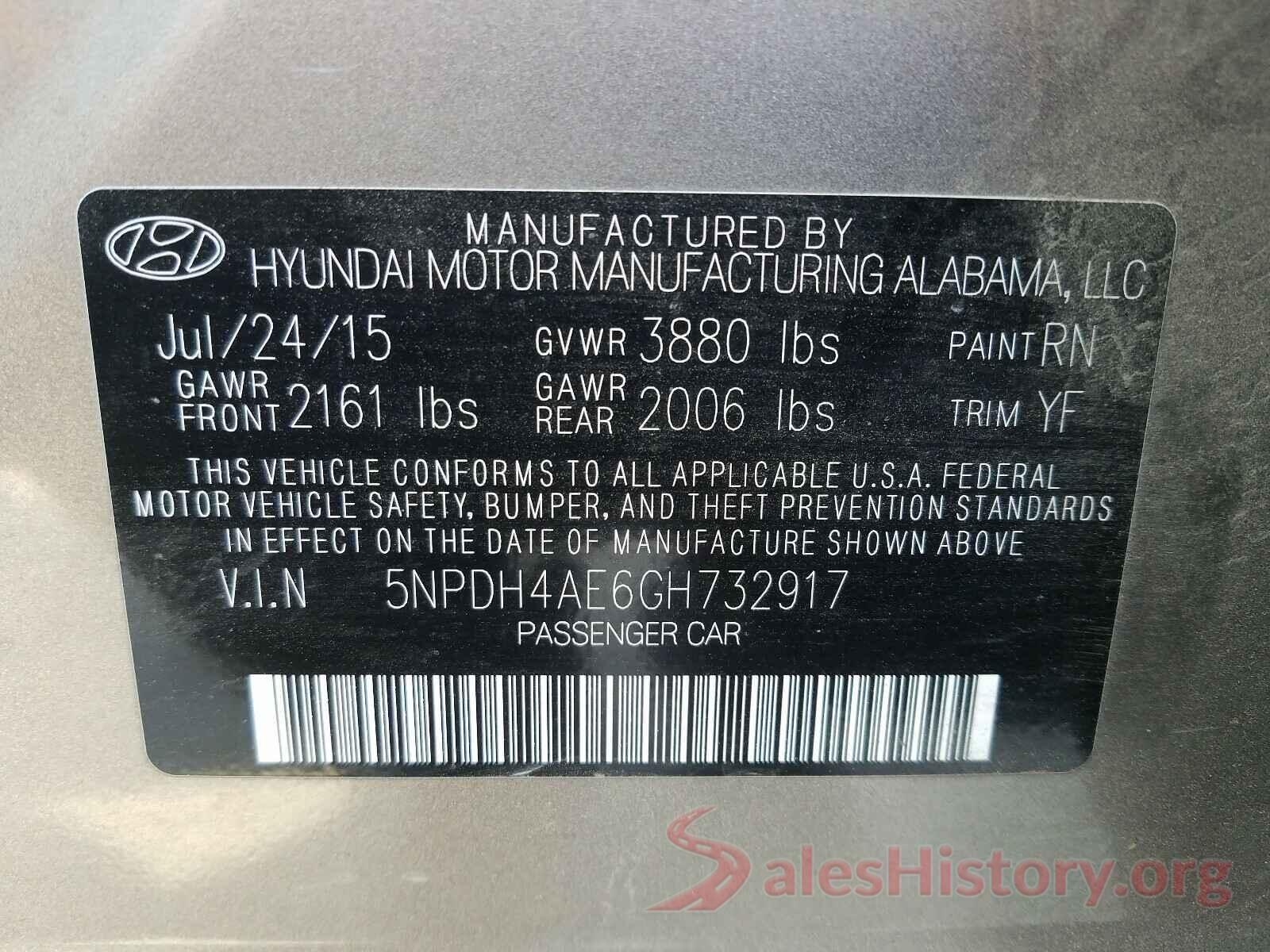 5NPDH4AE6GH732917 2016 HYUNDAI ELANTRA