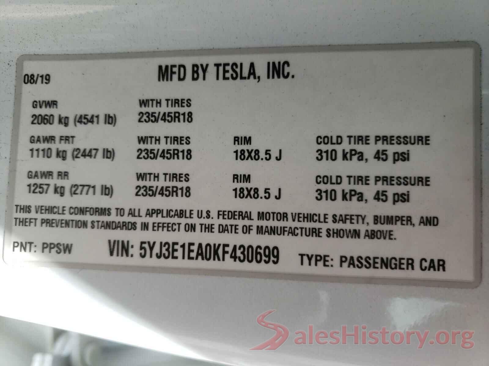 5YJ3E1EA0KF430699 2019 TESLA MODEL 3