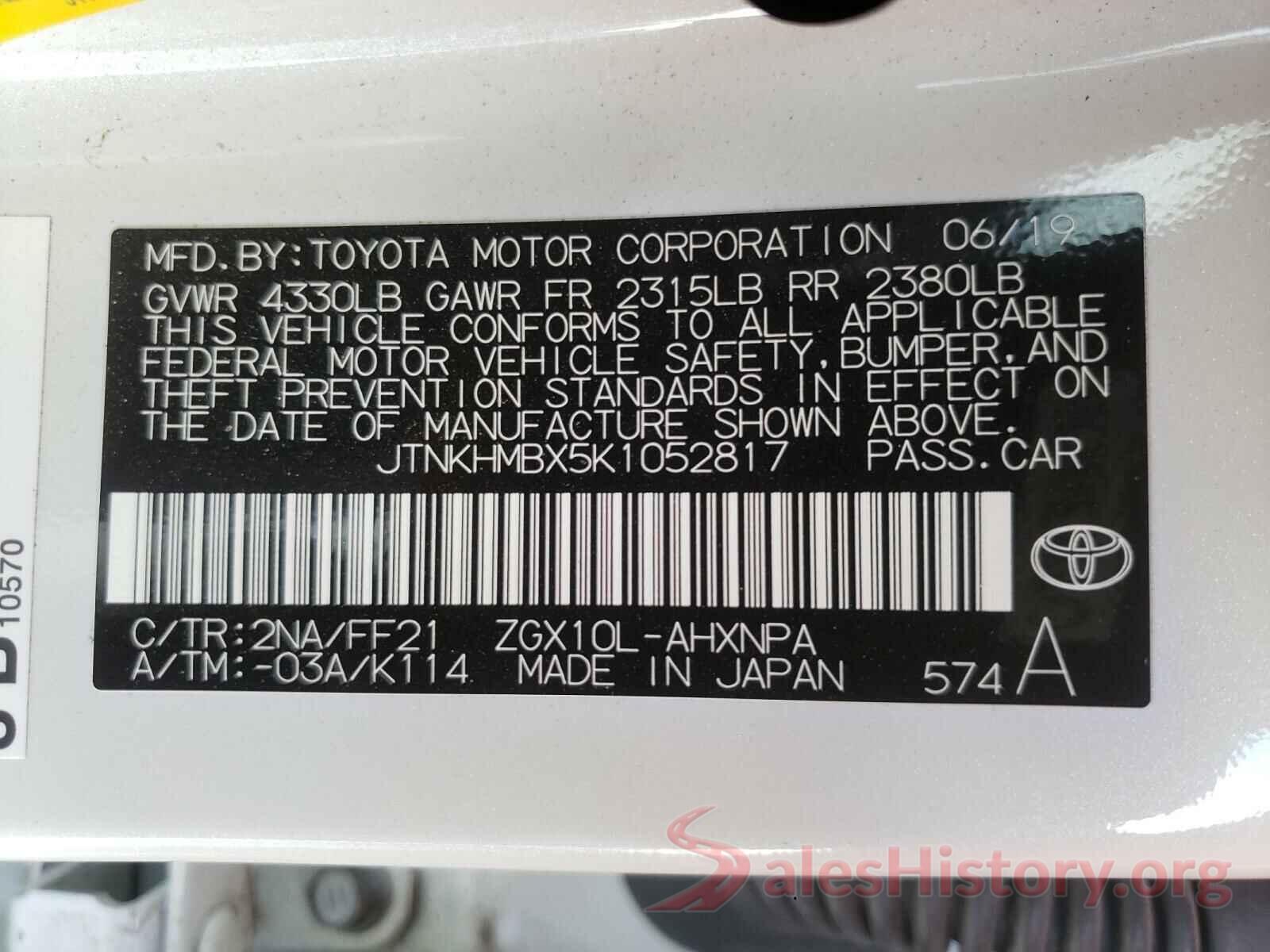 JTNKHMBX5K1052817 2019 TOYOTA C-HR