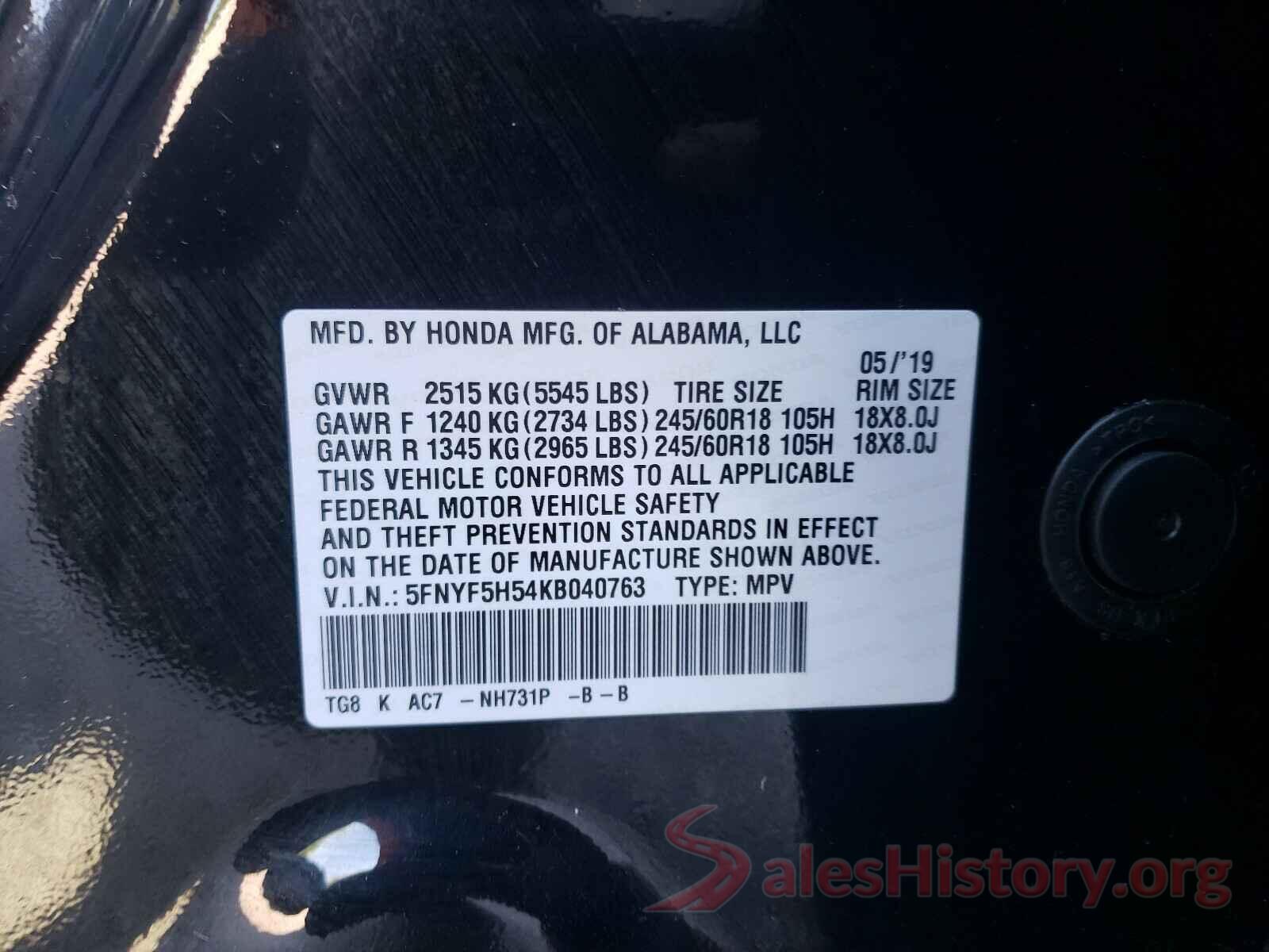 5FNYF5H54KB040763 2019 HONDA PILOT