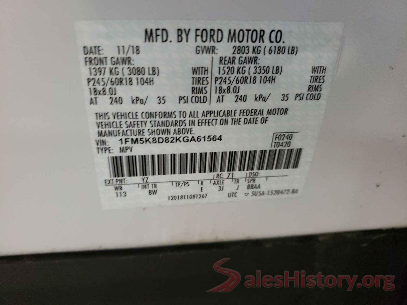 1FM5K8D82KGA61564 2019 FORD EXPLORER