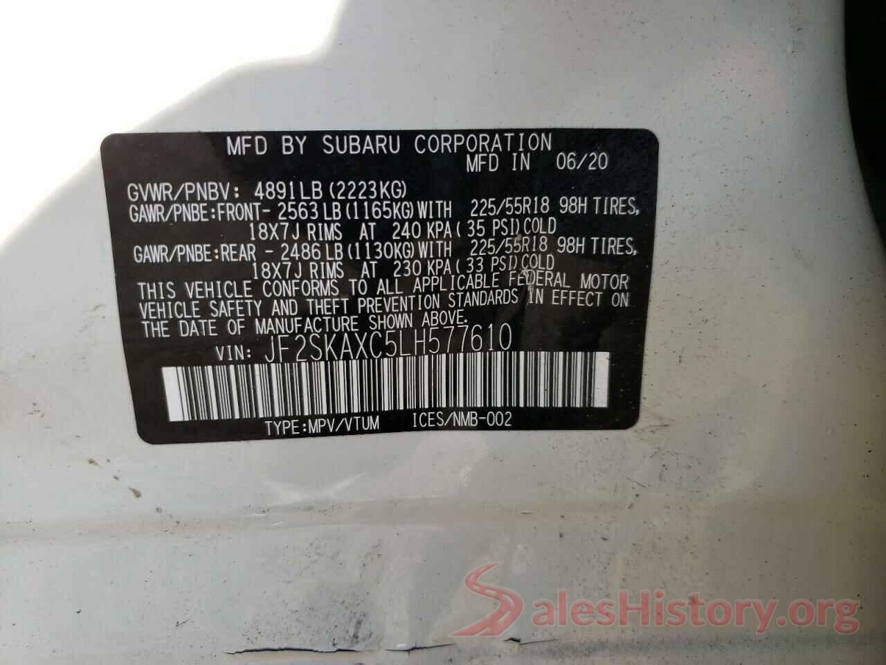 JF2SKAXC5LH577610 2020 SUBARU FORESTER