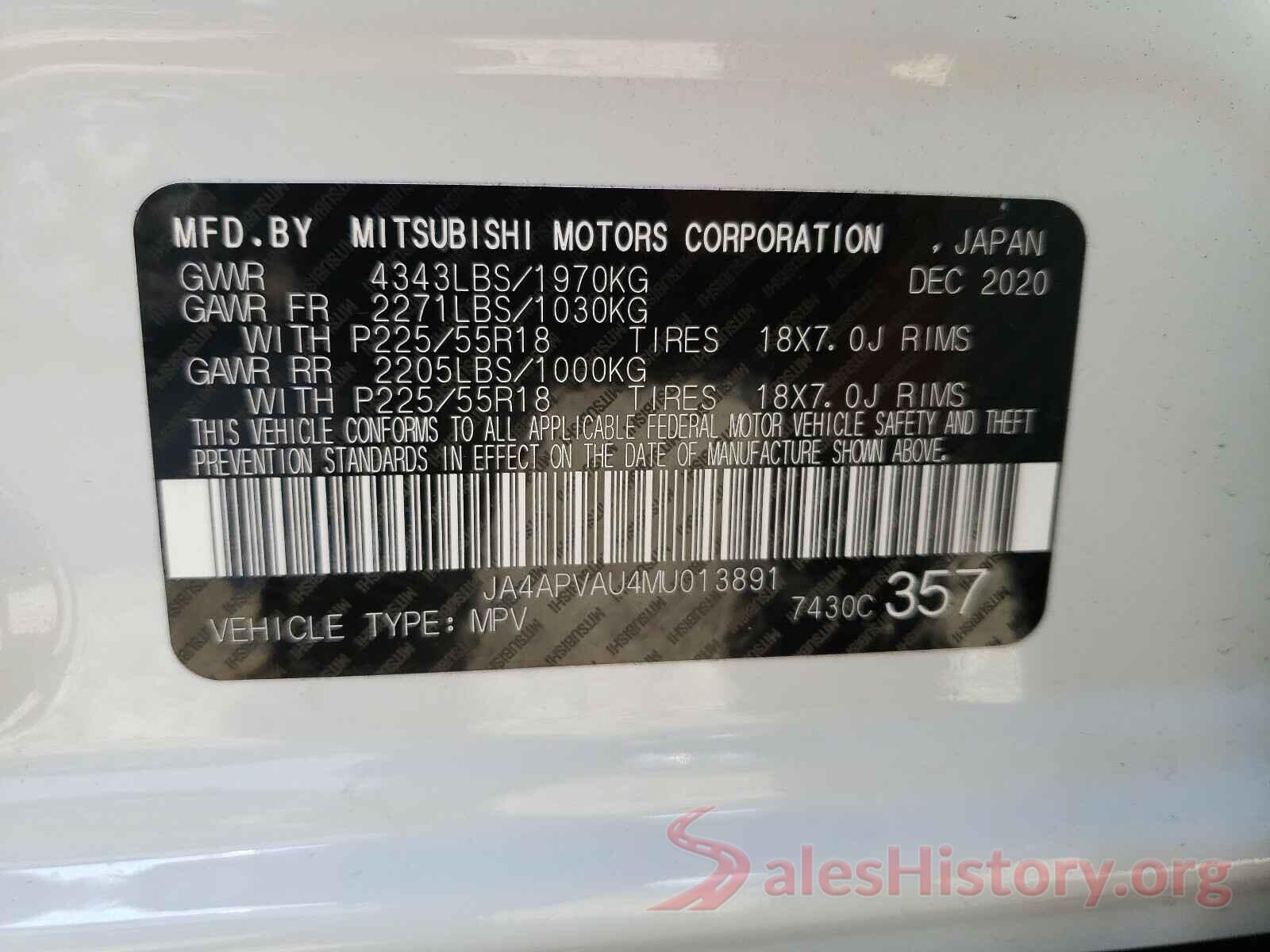 JA4APVAU4MU013891 2021 MITSUBISHI OUTLANDER