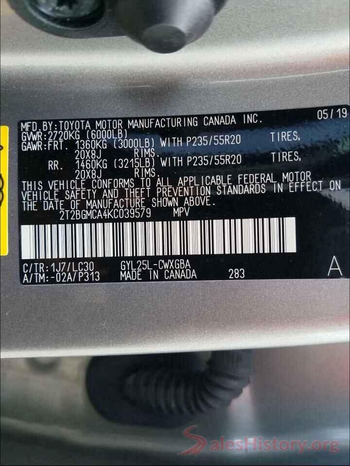 2T2BGMCA4KC039579 2019 LEXUS RX450