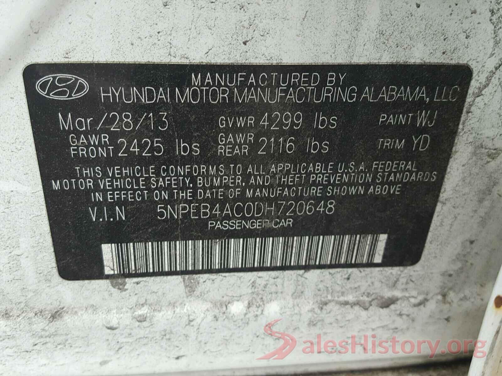 5NPEB4AC0DH720648 2013 HYUNDAI SONATA