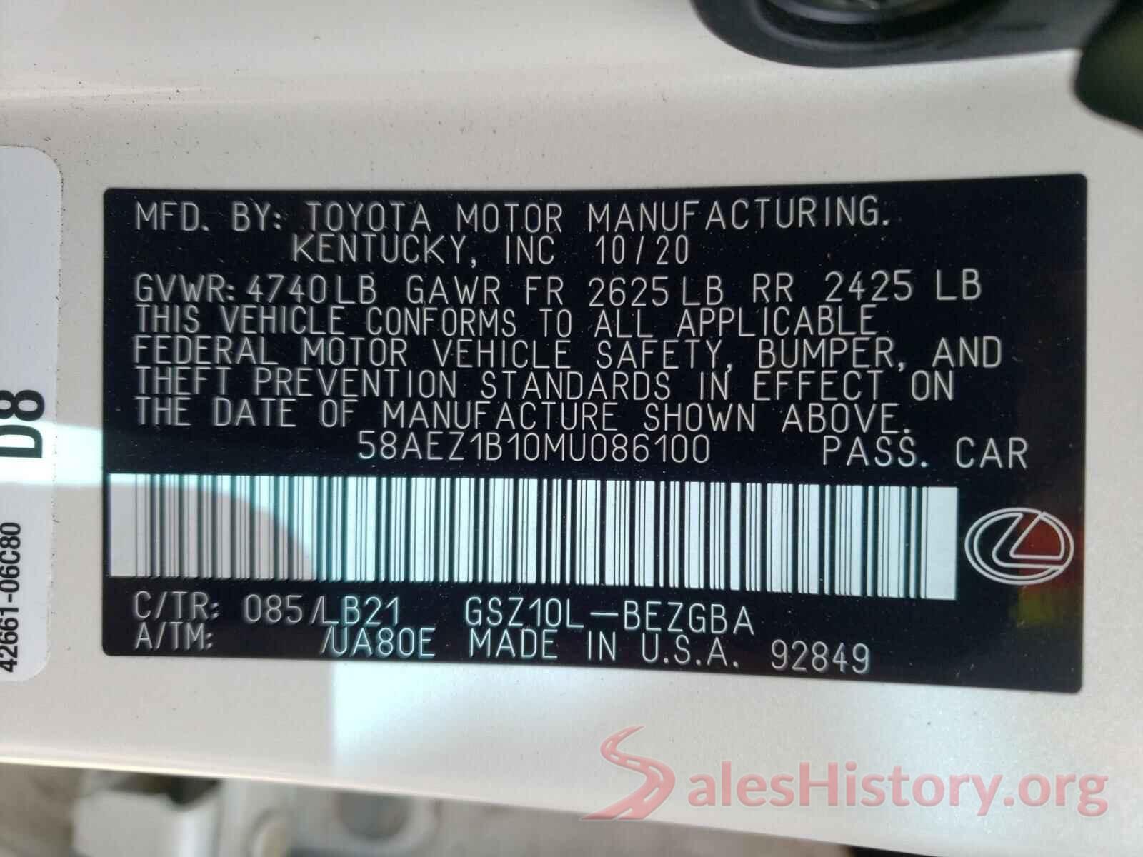 58AEZ1B10MU086100 2021 LEXUS ES350