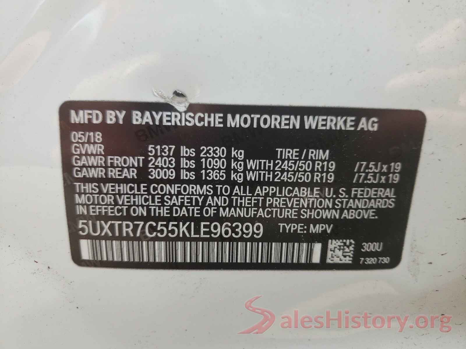 5UXTR7C55KLE96399 2019 BMW X3