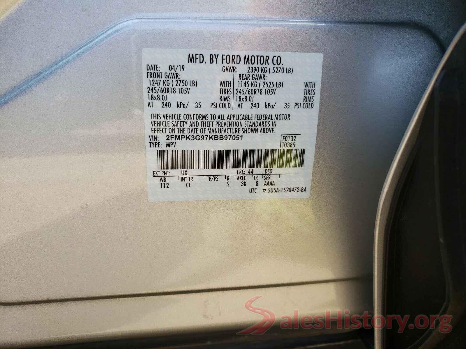 2FMPK3G97KBB97051 2019 FORD EDGE