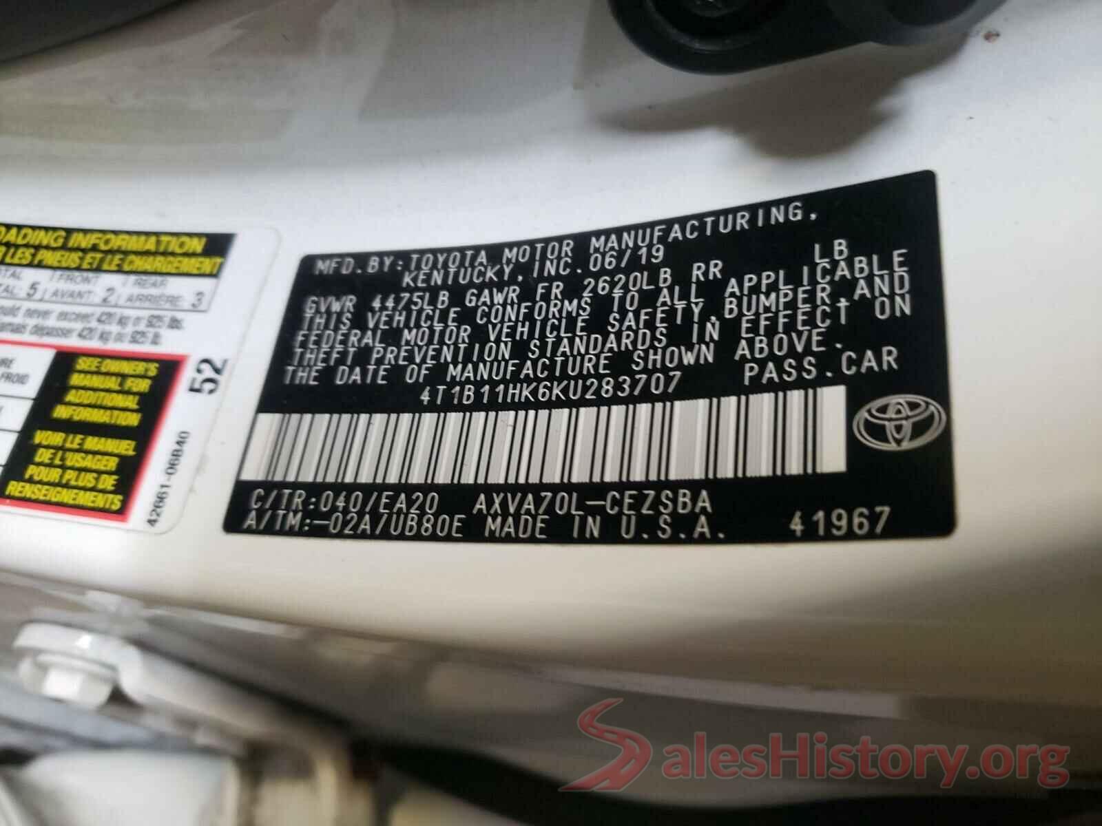 4T1B11HK6KU283707 2019 TOYOTA CAMRY