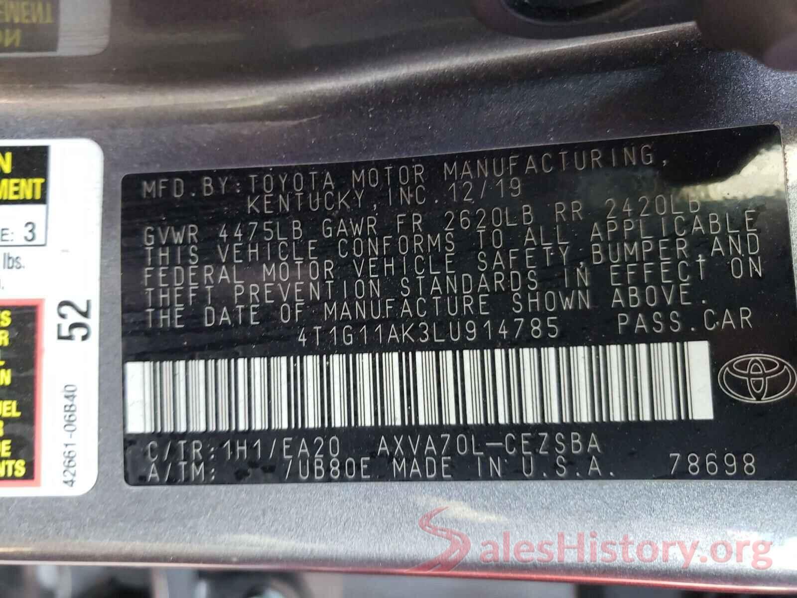 4T1G11AK3LU914785 2020 TOYOTA CAMRY