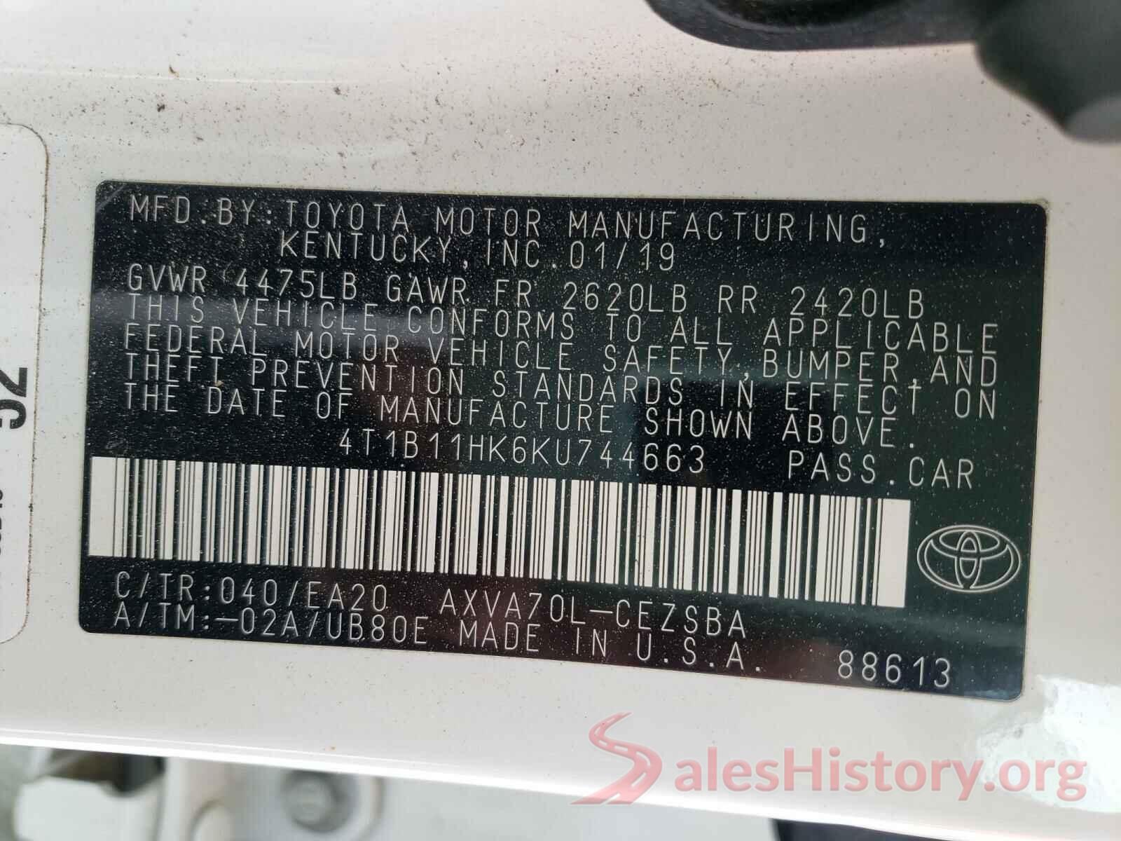 4T1B11HK6KU744663 2019 TOYOTA CAMRY