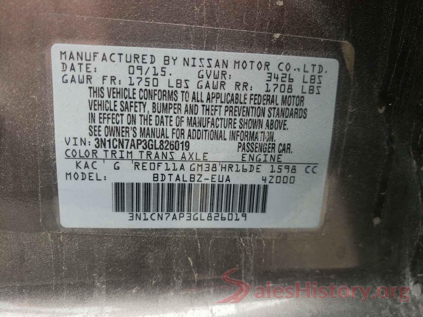 3N1CN7AP3GL826019 2016 NISSAN VERSA