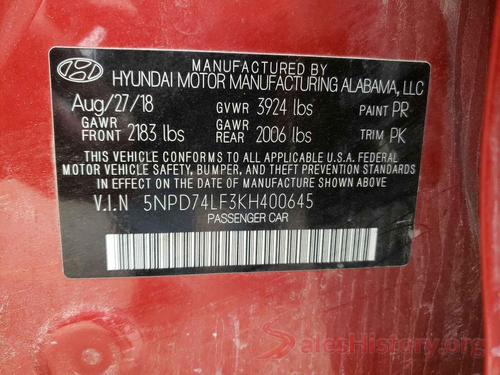 5NPD74LF3KH400645 2019 HYUNDAI ELANTRA