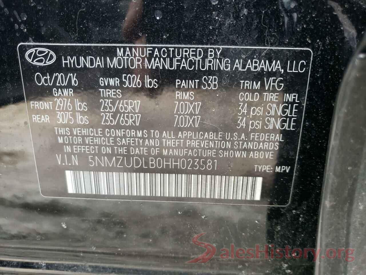 5NMZUDLB0HH023581 2017 HYUNDAI SANTA FE