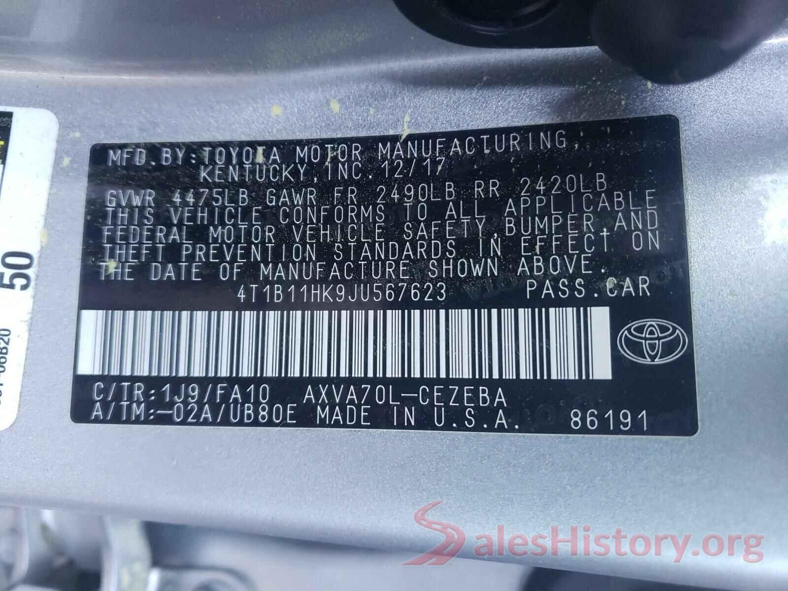 4T1B11HK9JU567623 2018 TOYOTA CAMRY