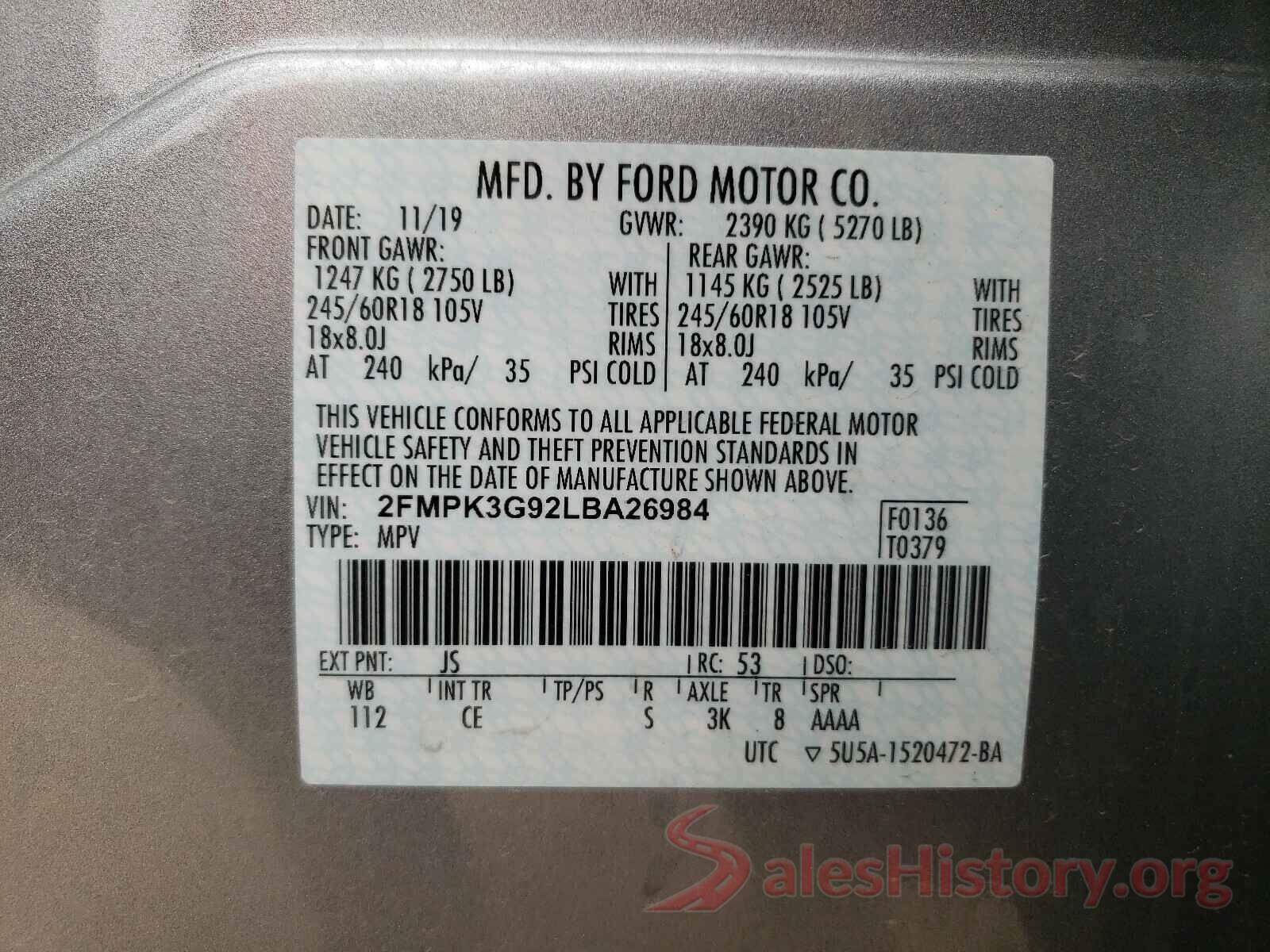 2FMPK3G92LBA26984 2020 FORD EDGE