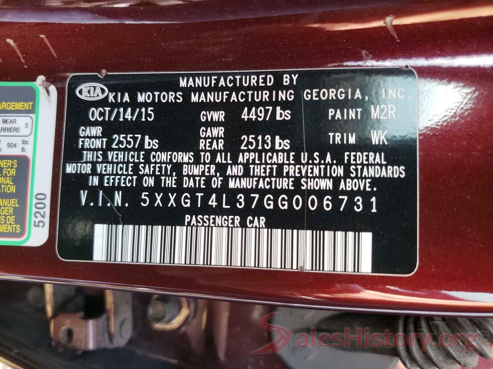 5XXGT4L37GG006731 2016 KIA OPTIMA