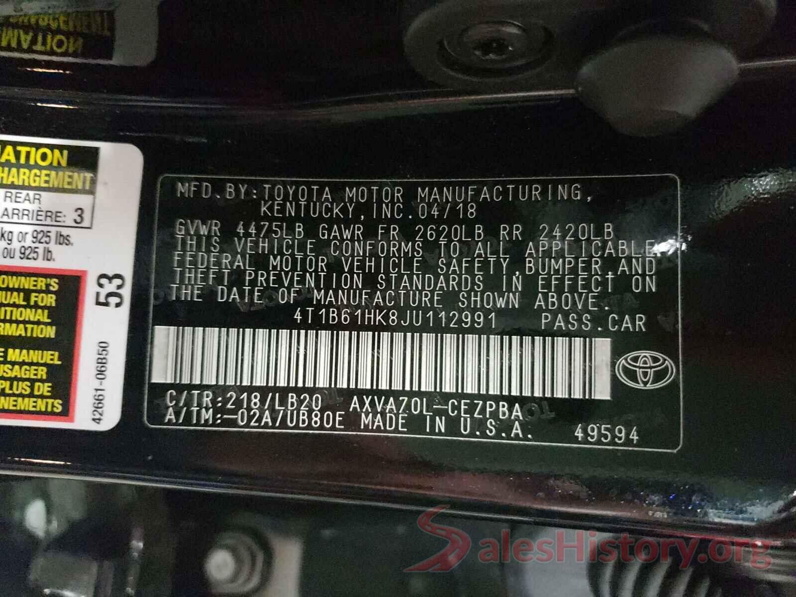 4T1B61HK8JU112991 2018 TOYOTA CAMRY