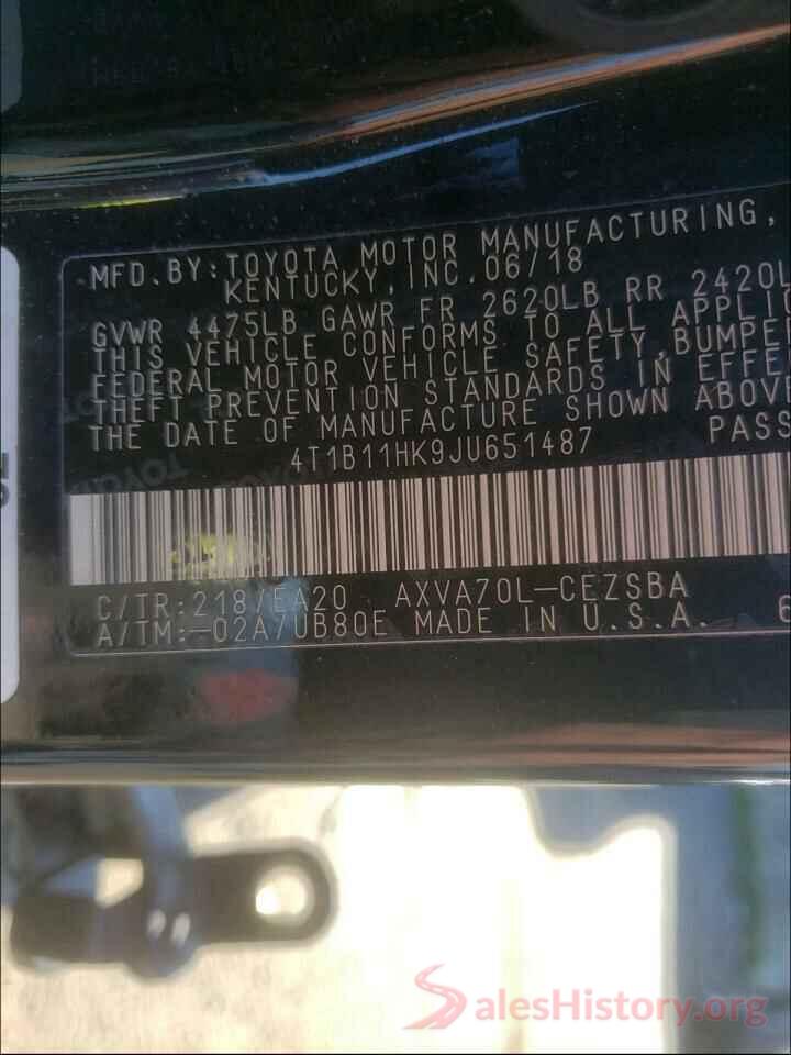 4T1B11HK9JU651487 2018 TOYOTA CAMRY