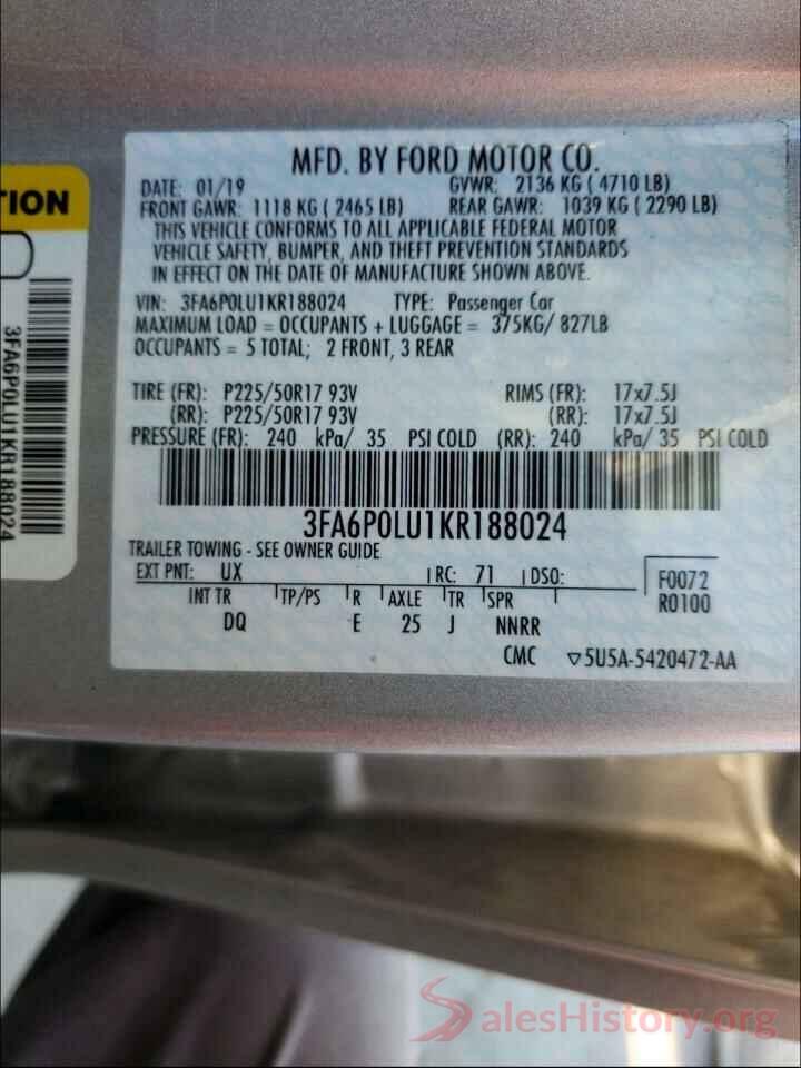 3FA6P0LU1KR188024 2019 FORD FUSION