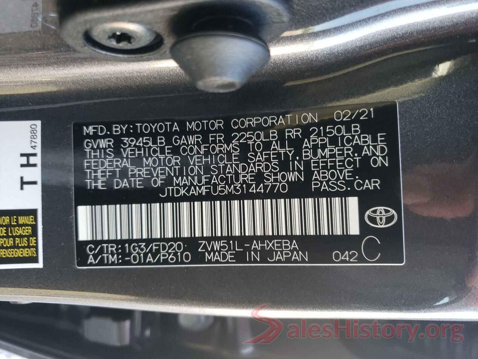 JTDKAMFU5M3144770 2021 TOYOTA PRIUS