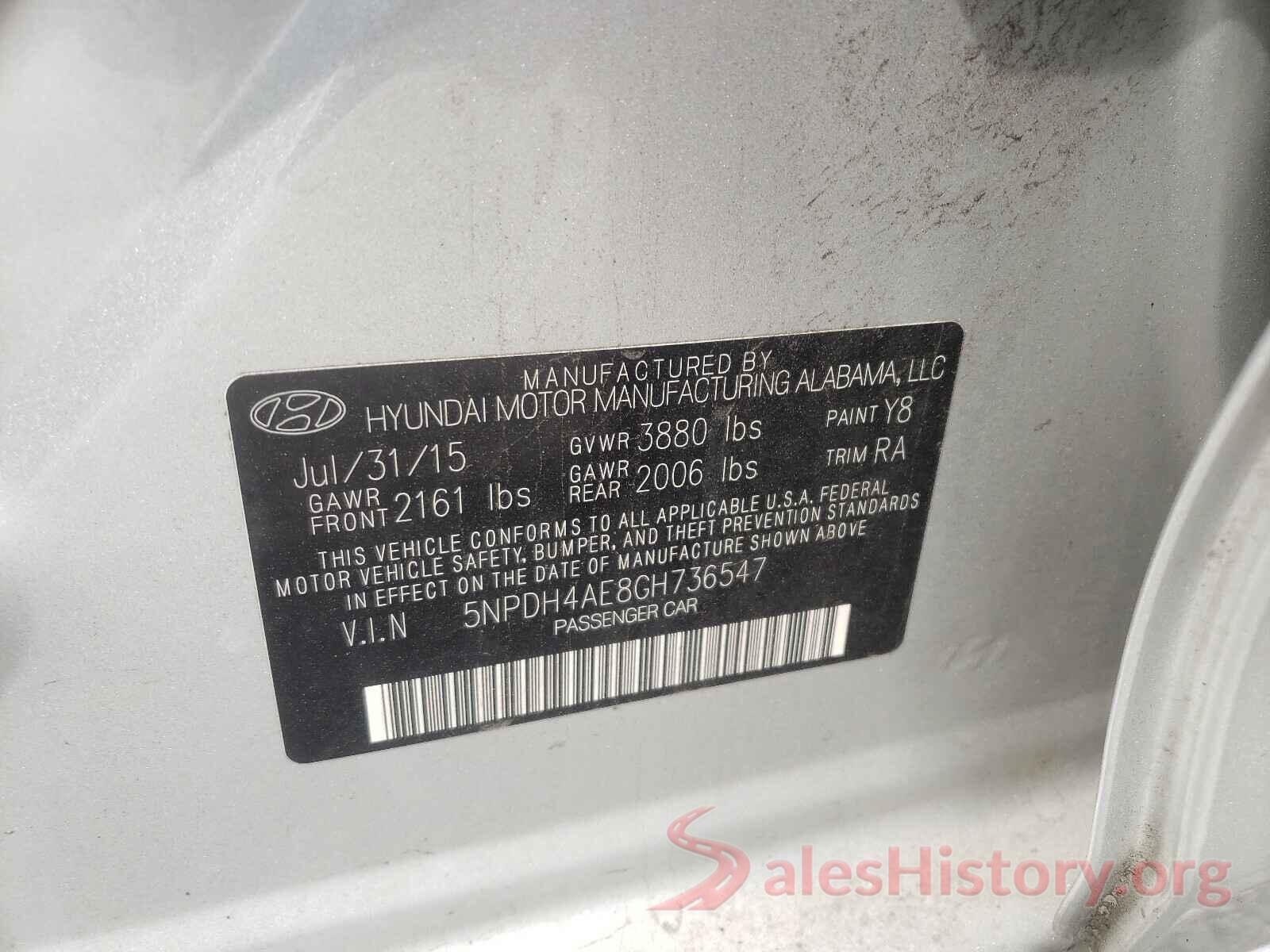 5NPDH4AE8GH736547 2016 HYUNDAI ELANTRA