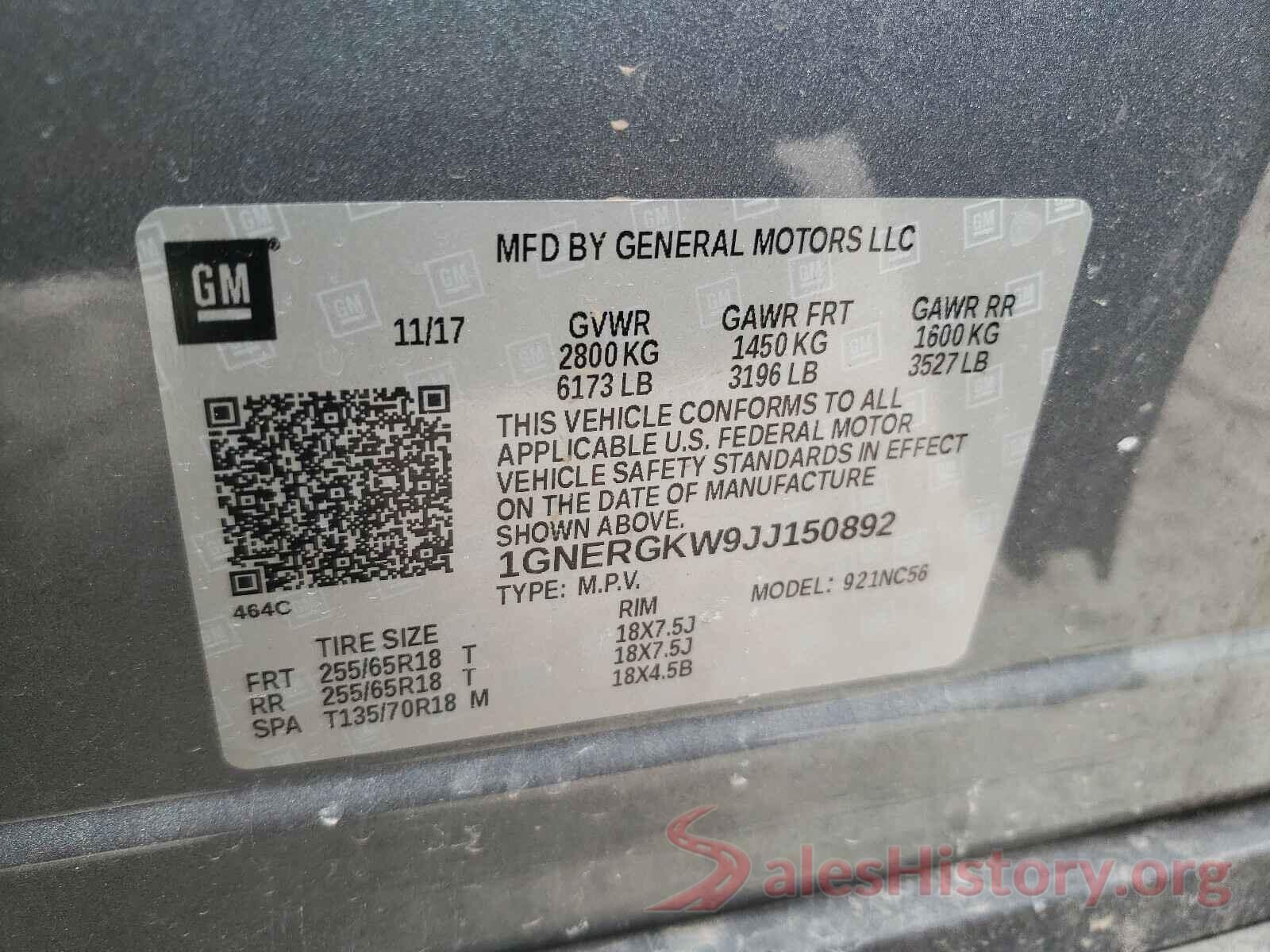 1GNERGKW9JJ150892 2018 CHEVROLET TRAVERSE