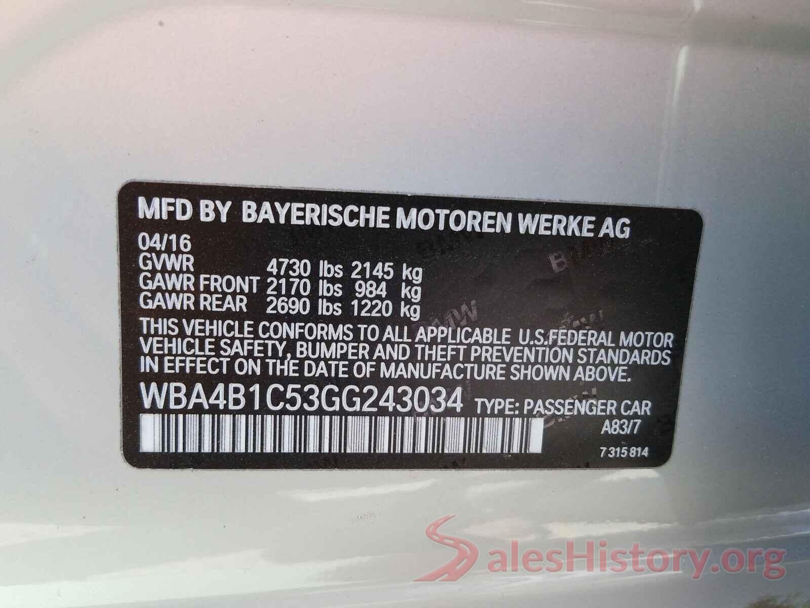 WBA4B1C53GG243034 2016 BMW 4 SERIES