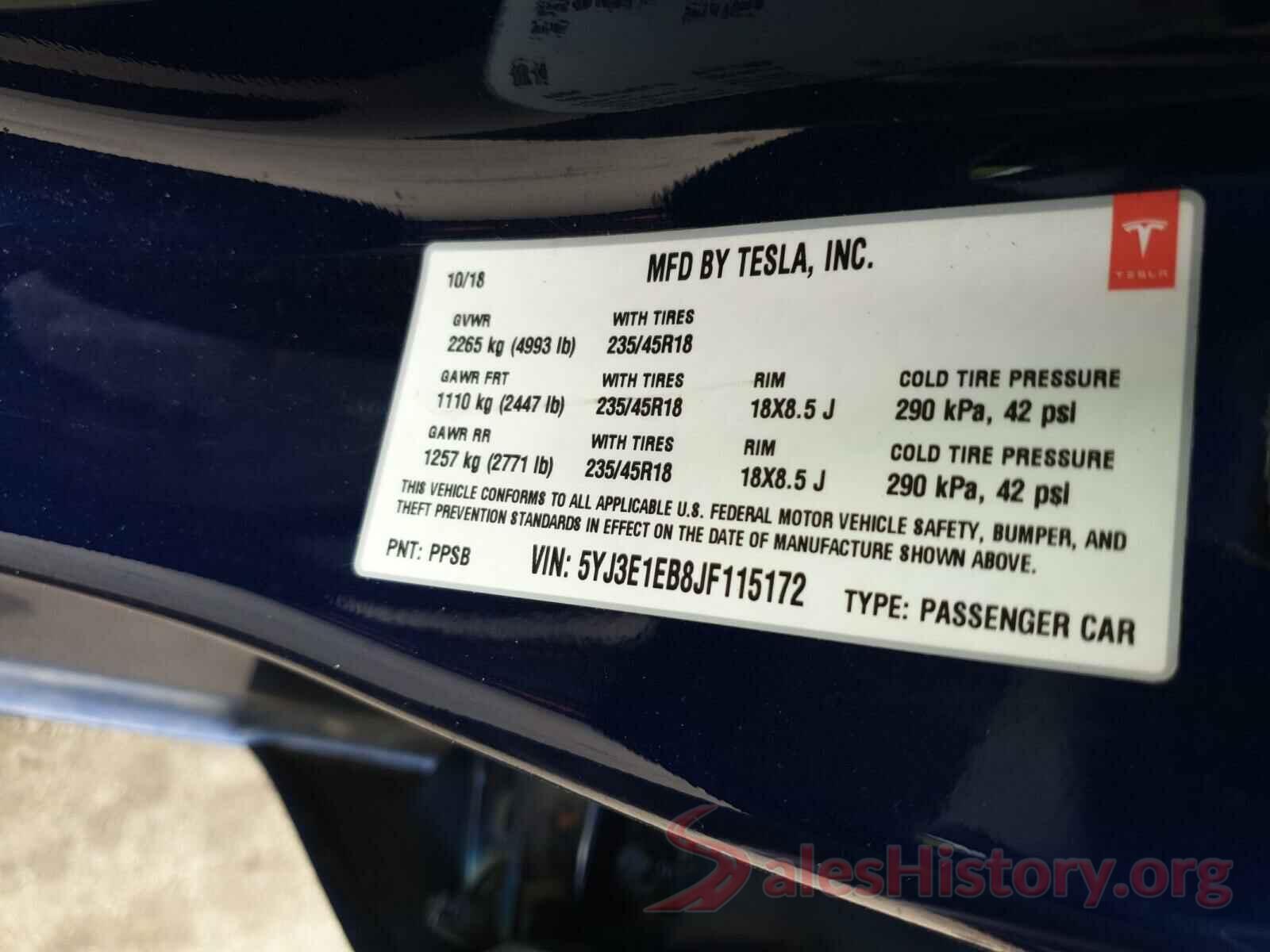 5YJ3E1EB8JF115172 2018 TESLA MODEL 3