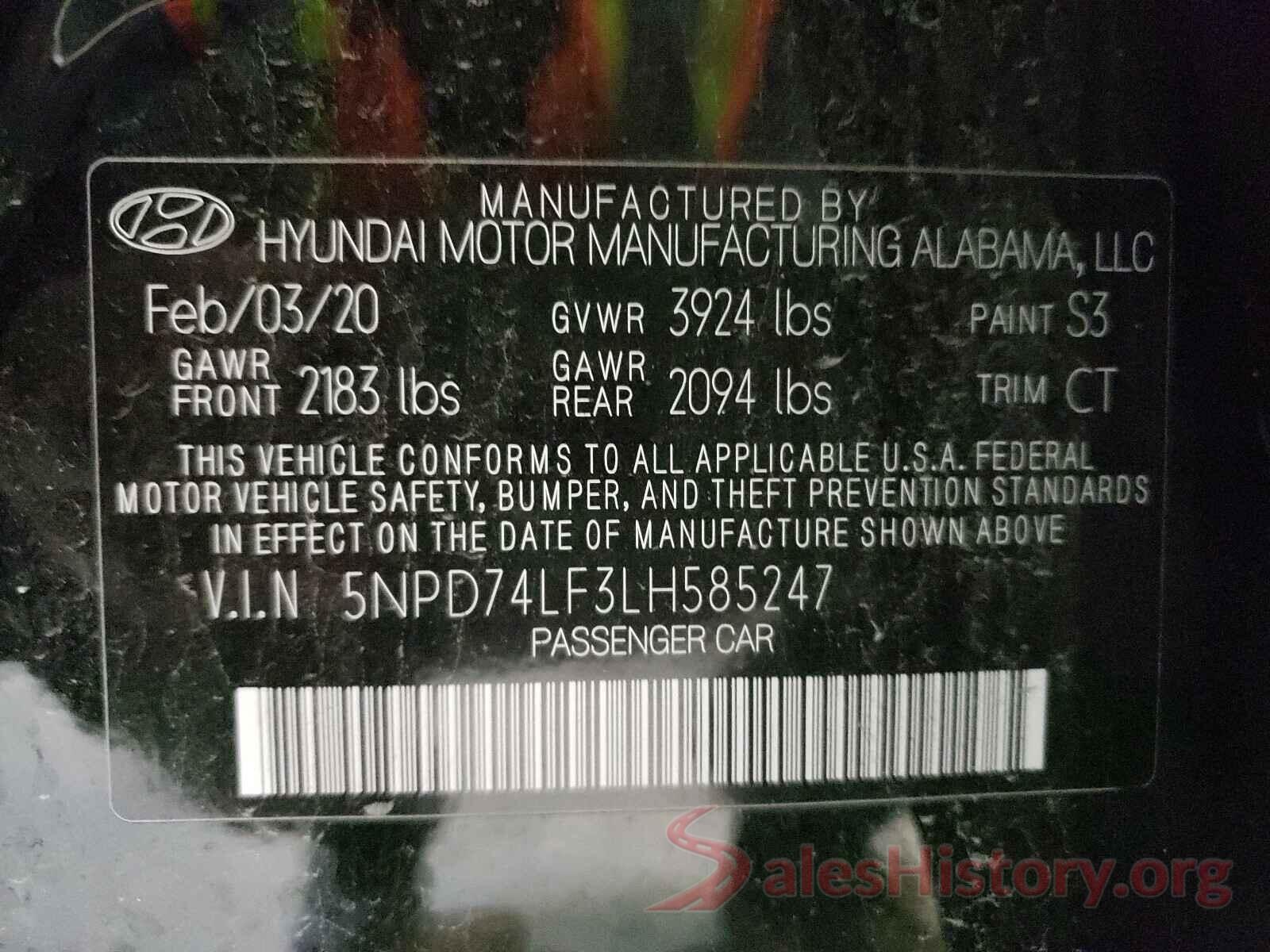 5NPD74LF3LH585247 2020 HYUNDAI ELANTRA