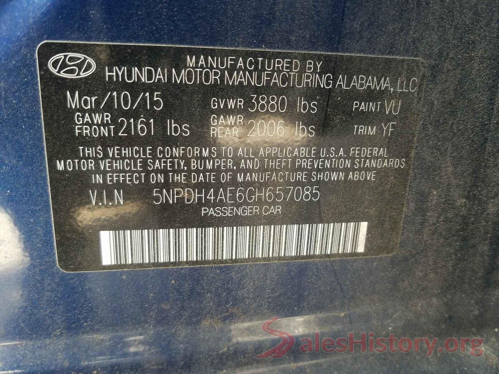 5NPDH4AE6GH657085 2016 HYUNDAI ELANTRA