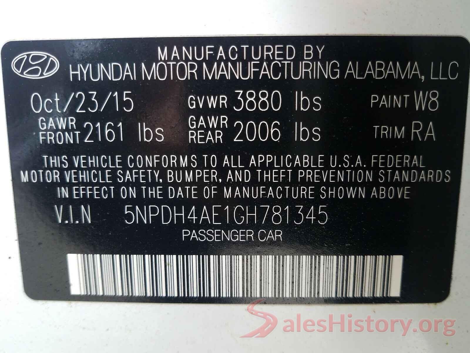 5NPDH4AE1GH781345 2016 HYUNDAI ELANTRA