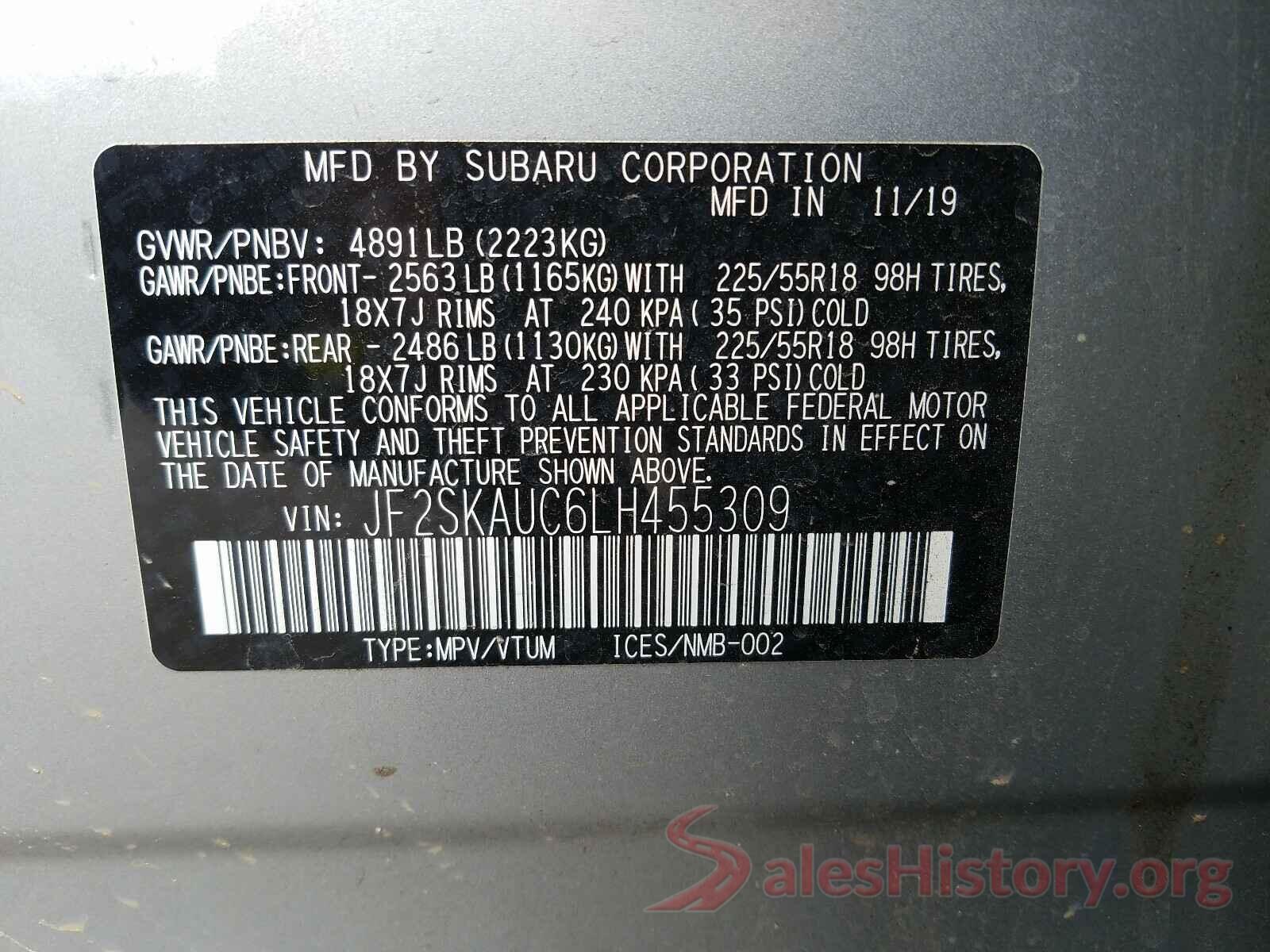 JF2SKAUC6LH455309 2020 SUBARU FORESTER