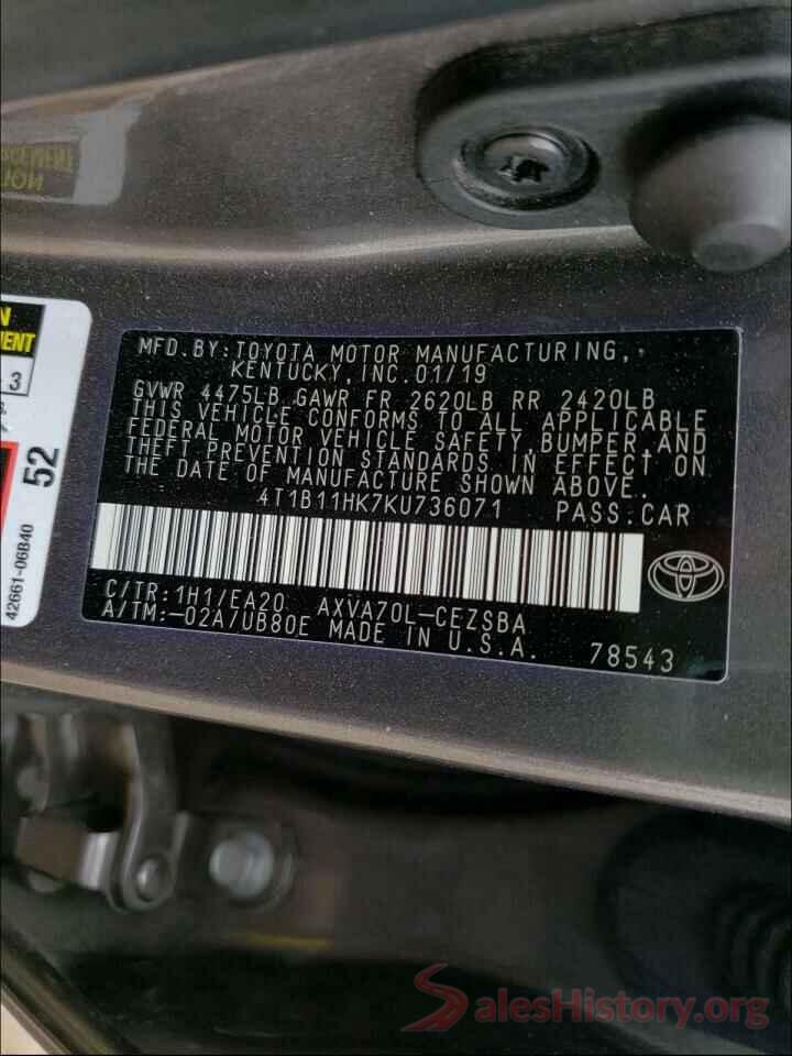 4T1B11HK7KU736071 2019 TOYOTA CAMRY