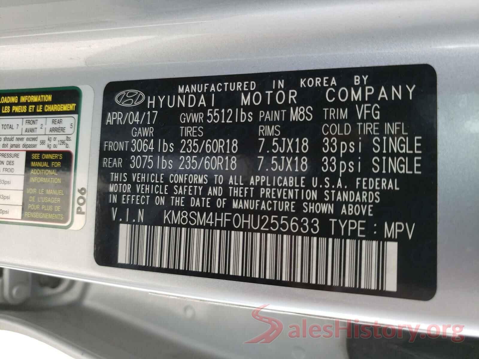 KM8SM4HF0HU255633 2017 HYUNDAI SANTA FE