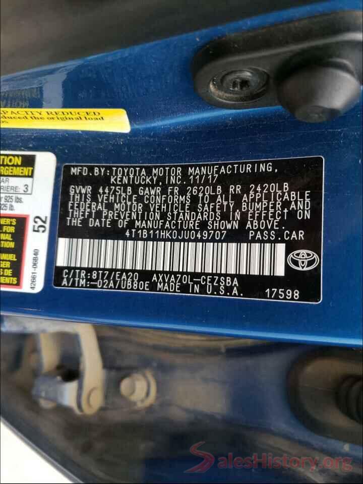 4T1B11HK0JU049707 2018 TOYOTA CAMRY