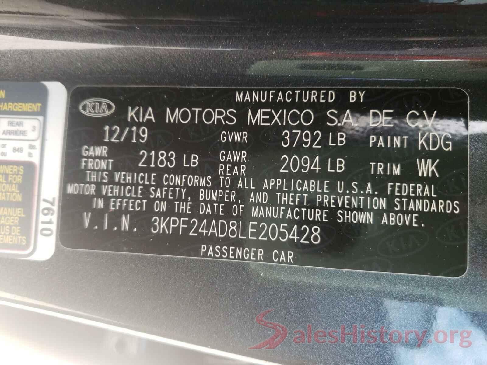 3KPF24AD8LE205428 2020 KIA FORTE