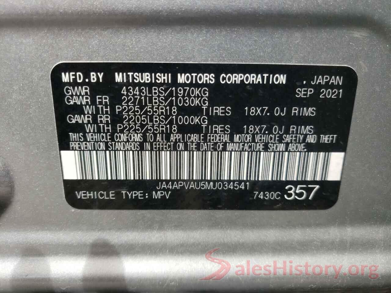 JA4APVAU5MU034541 2021 MITSUBISHI OUTLANDER