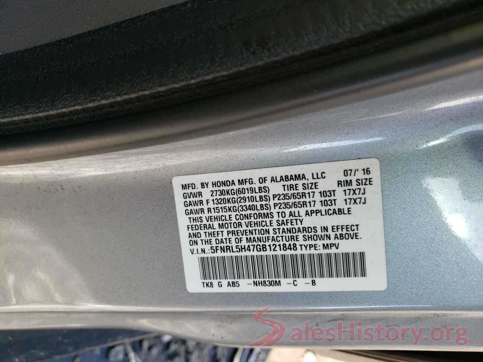 5FNRL5H47GB121848 2016 HONDA ODYSSEY