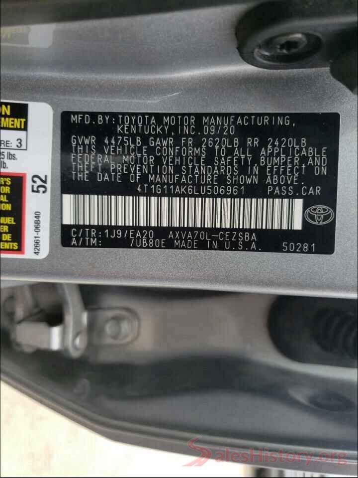 4T1G11AK6LU506961 2020 TOYOTA CAMRY