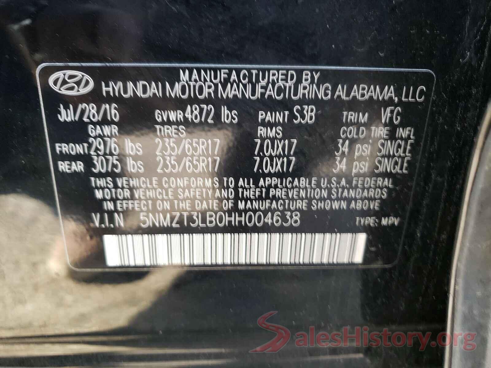 5NMZT3LB0HH004638 2017 HYUNDAI SANTA FE