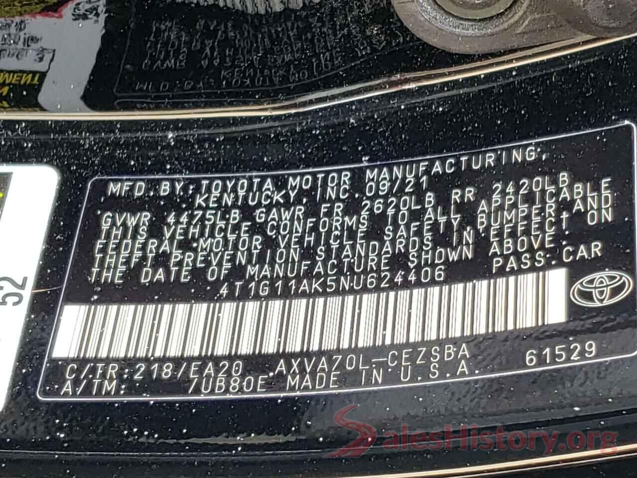 4T1G11AK5NU624406 2022 TOYOTA CAMRY