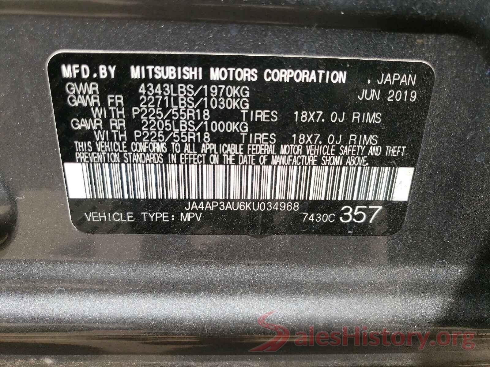 JA4AP3AU6KU034968 2019 MITSUBISHI OUTLANDER