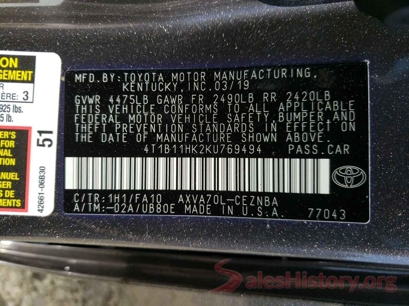 4T1B11HK2KU769494 2019 TOYOTA CAMRY