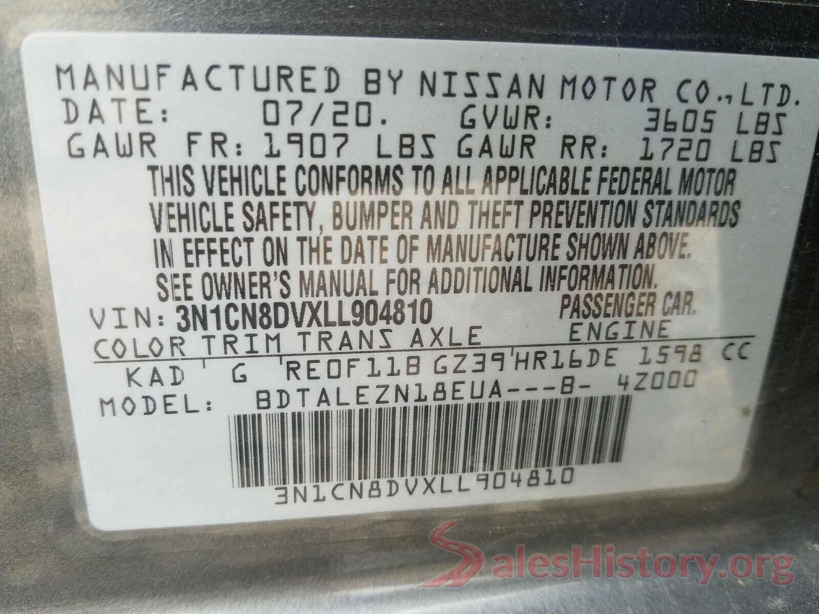 3N1CN8DVXLL904810 2020 NISSAN VERSA